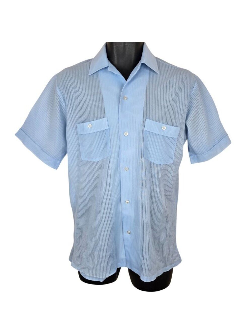 Vintage 70s Kingsport Mens Small Blue Short Sleeve Button-Up Shirt Polyester